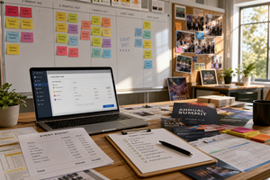 Workspace with a laptop, open notebook, and wall covered in colorful sticky notes