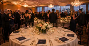 Elegant charity gala with formally dressed guests, a beautifully arranged dinner table, and city lights at twilight.