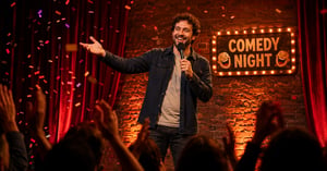 Smiling stand-up comedian with a microphone on a warmly lit club stage as the audience applauds and confetti falls.