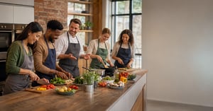 Smiling chef guides four participants cooking together around an island in a bright modern kitchen.