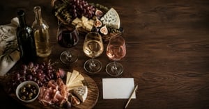 Hemmavinprovning med rött, vitt och rosévin, två flaskor, charkuterier och ett provningskort på ett mörkt ekbord.