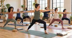 Yoga instructor guides a diverse group through a standing pose in a bright, modern UK studio.