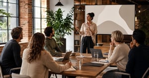 Expert leder en masterclass för en liten grupp deltagare med anteckningsböcker och datorer i en modern loftlokal.