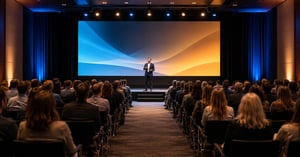 Speaker presenting to an engaged audience in a modern conference hall with blue and warm ambient lighting.