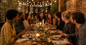Guests talk and laugh around a candlelit long table with shared dishes beneath warm string lights.
