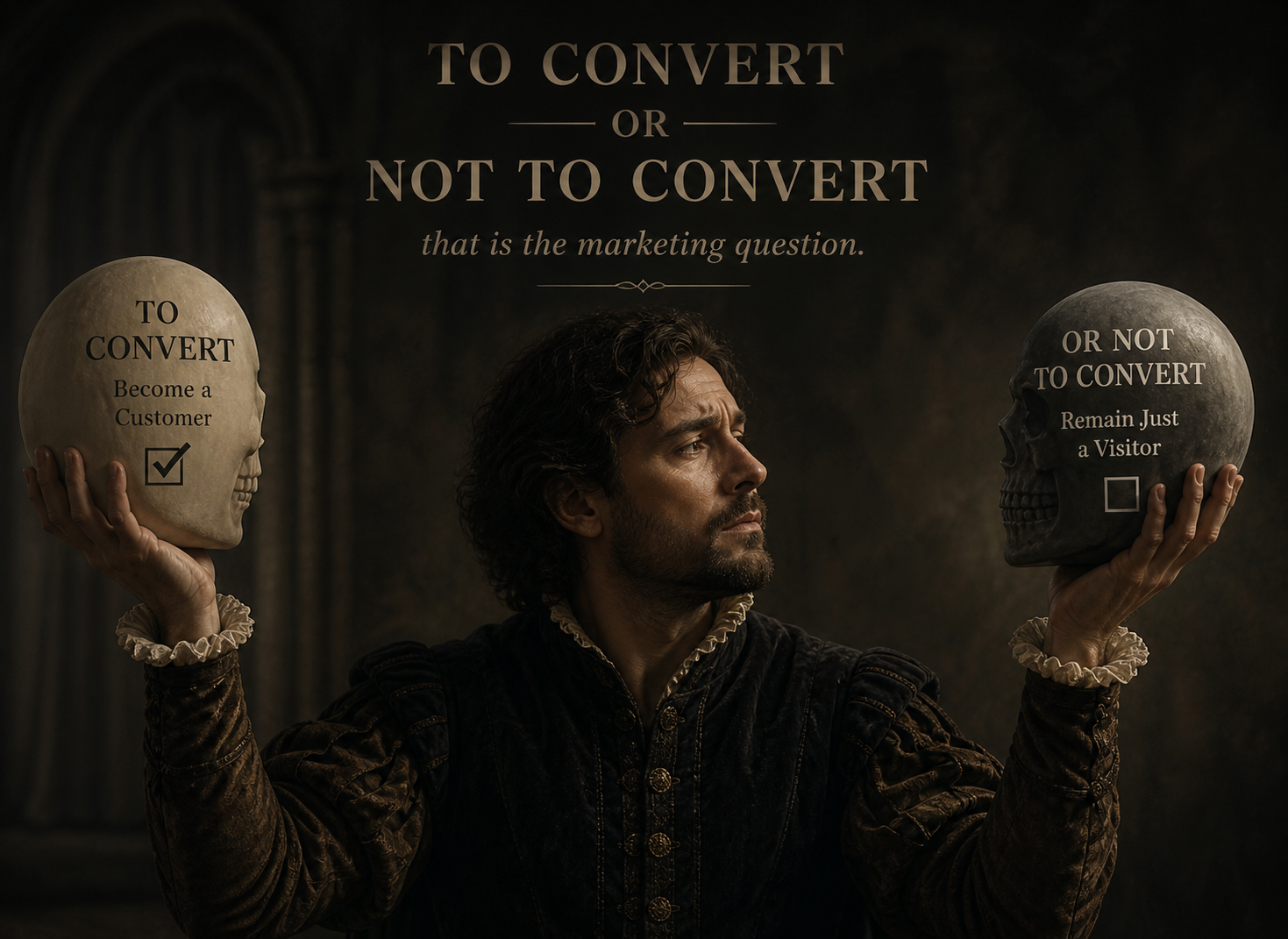 Man holding two skulls thinking if he should convert or not