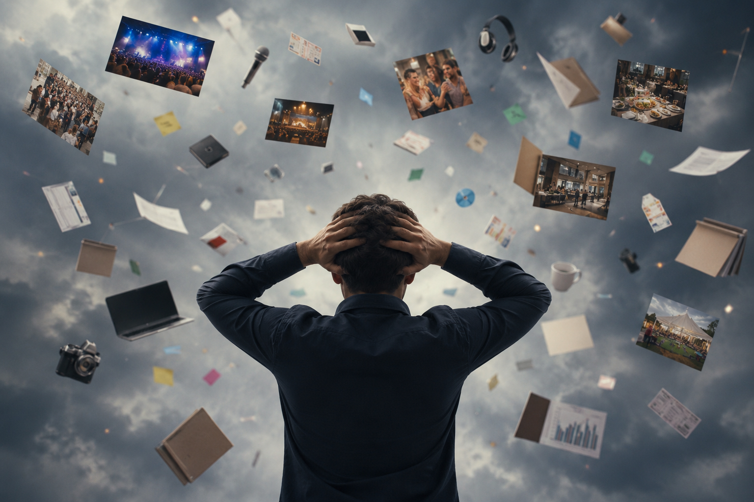 Man standing in a storm sorrounded by event choosing