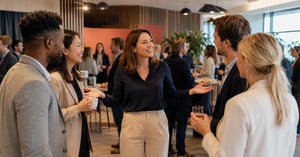 Eventarrangör för samman deltagare under ett professionellt nätverksevent i en modern lokal.