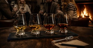 Four Glencairn glasses with varying shades of whisky on a slate board in front of a warm fireplace.