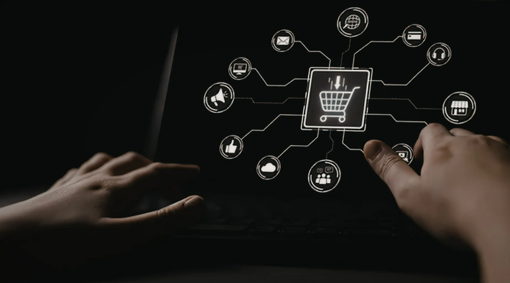 Hands hovering over a digitalised version of checkout system