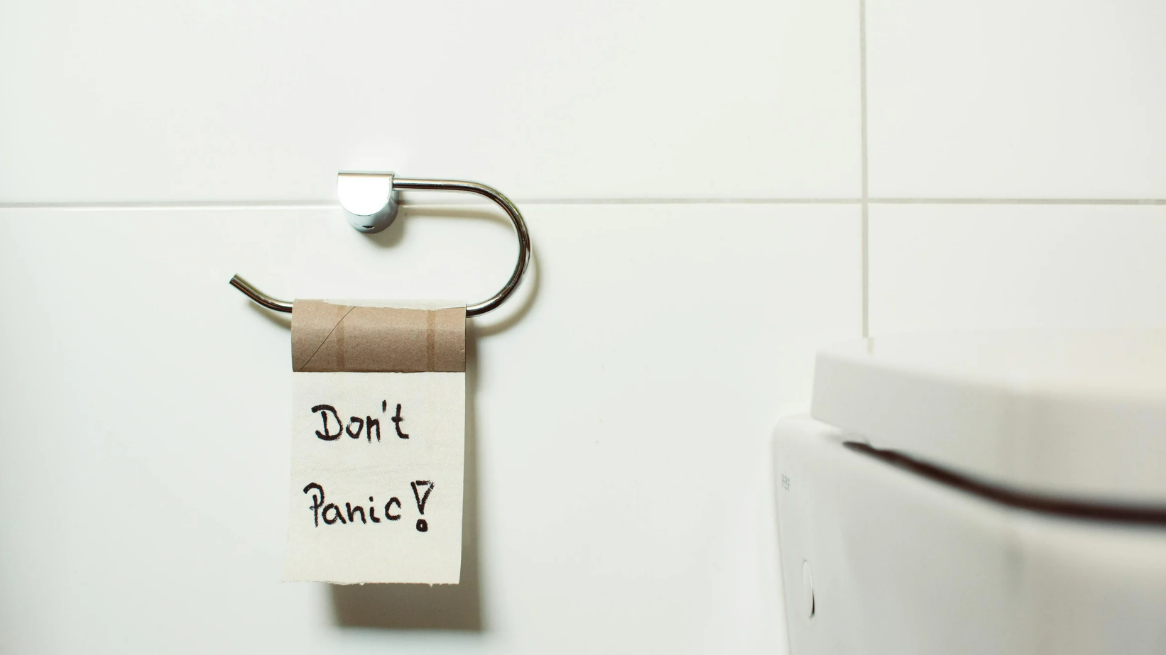 Toilet paper roll with the text "Don't Panic!"