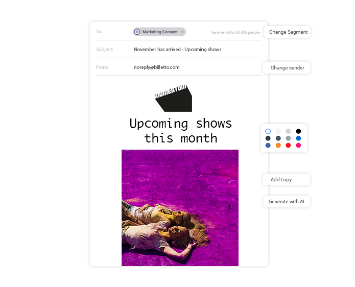 E-mailudkast til kommende shows med farverigt eventfoto. E-mailudkast til kommende shows med farverigt eventfoto.