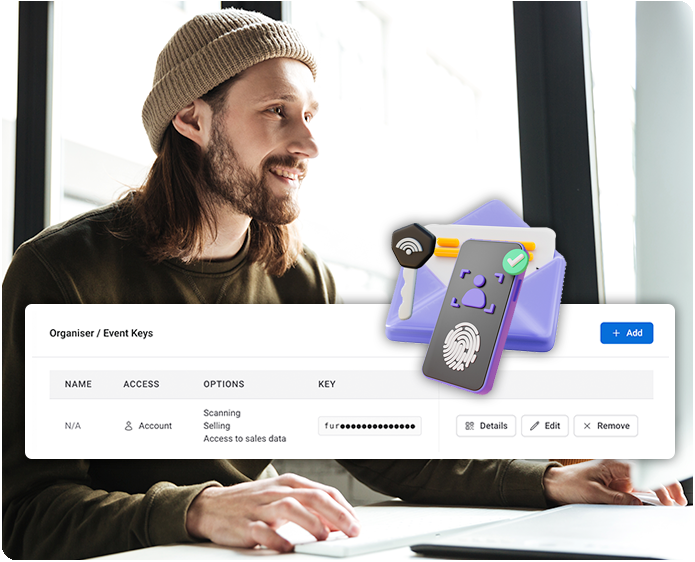 Billetto event keys screen with access options for scanning, selling and sales data