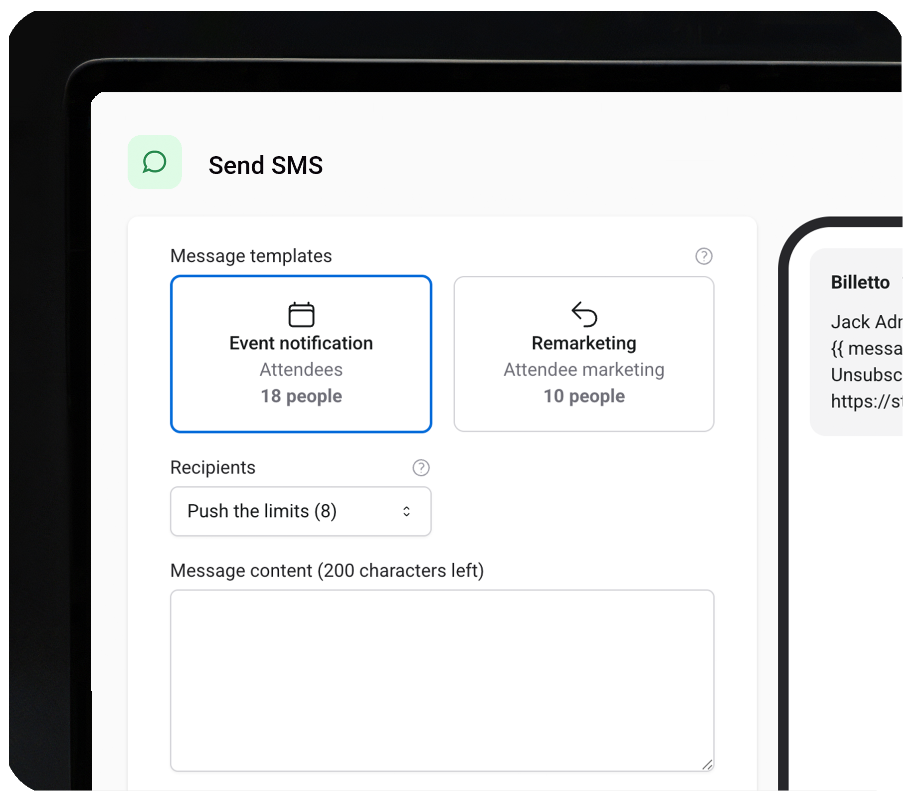 Gränssnitt för SMS-instrumentpanel med alternativ för att skicka händelsenotiser eller remarketingmeddelanden, med mottagare och en ruta för meddelandeinnehåll.