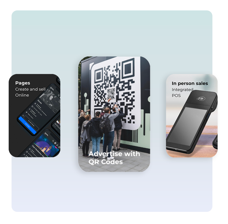 Collage, der viser eventsider, QR-kode-reklamer og et personligt salgsapparat til billetsalg.