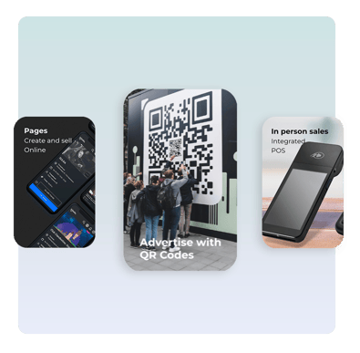 Collage showing event pages, QR code advertising, and an in-person point-of-sale device for ticket sales. Collage showing event pages, QR code advertising, and an in-person point-of-sale device for ticket sales.
