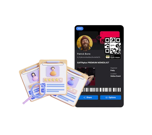 Brugerflade til medlemsadministration ved siden af et digitalt medlemskort med QR-kode og stregkode Brugerflade til medlemsadministration ved siden af et digitalt medlemskort med QR-kode og stregkode