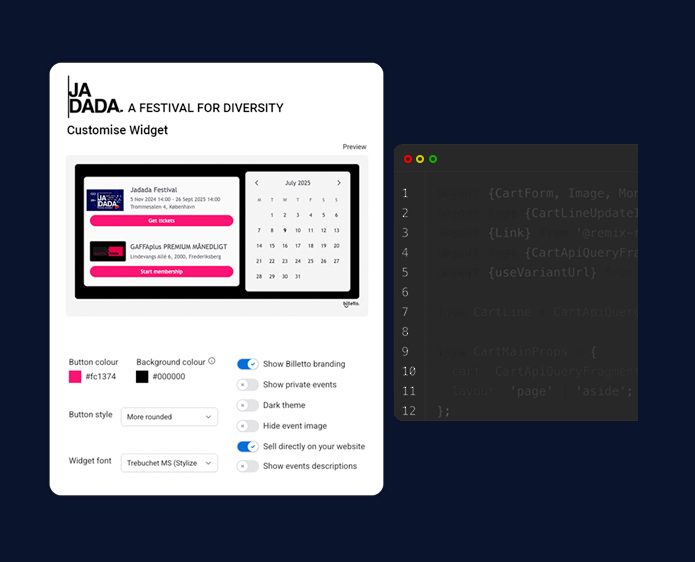 Billetto widget tilpasset i hvid på et eksternt website, der viser farve- og knaptilpasning