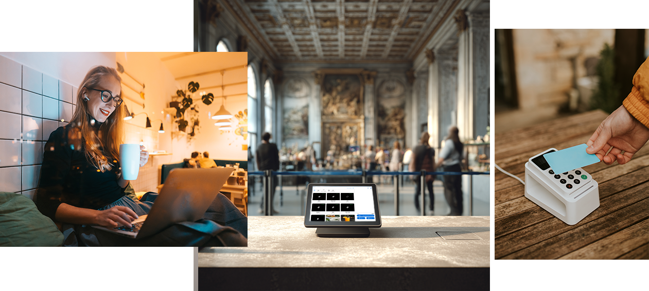 Collage af online booking, check-in med POS og kontaktløs kortbetaling på en udendørs lokation.