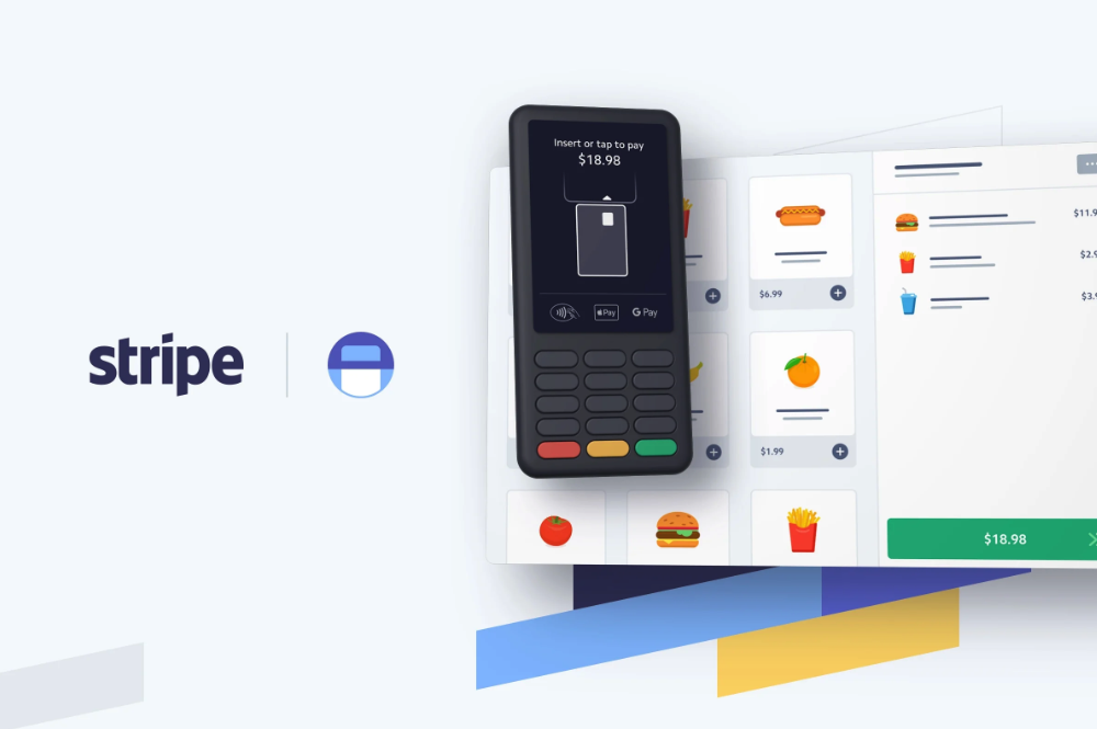 Stripe-betalingsterminal med digital madmenu og $18,98 i alt vist ved kassen.
