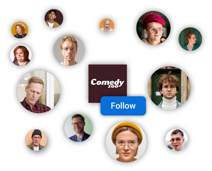Comedy Zoo follow-knap med profilbilleder omkring sig
