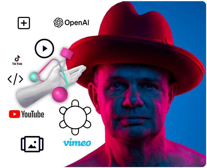 Mand med rød hat og neonbelysning, omgivet af medieikoner og abstrakt digital grafik.