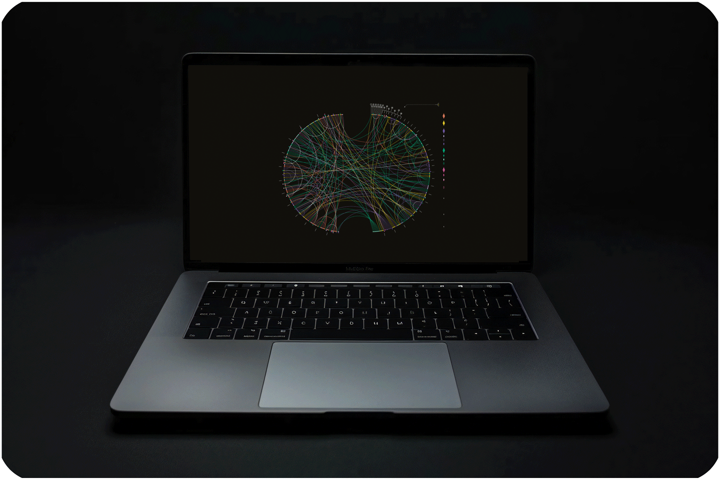 Animeret laptop-skærm, der viser farverig datavisualisering med buede netværksforbindelser på en mørk baggrund