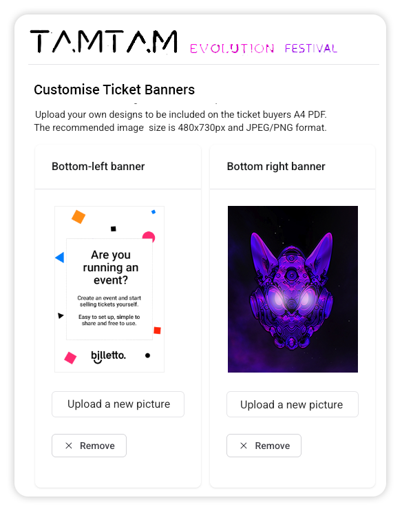 Skærm til tilpasning af billetbanner med festivalbranding og mulighed for at uploade billeder til venstre og højre.
