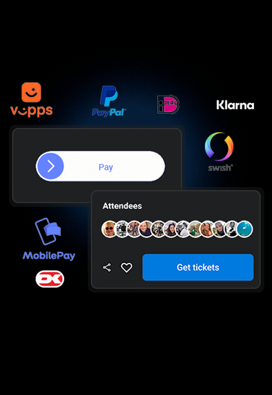 Billetto checkout UI med deltagerliste og logoer for flere betalingsmetoder som PayPal og Klarna.
