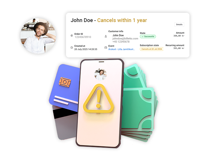 Advarsel om opsigelse af abonnement for kunden John Doe vist på en smartphone og et instrumentbræt.