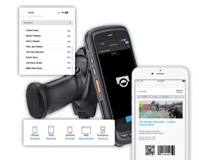 Mobile og håndholdte billetscannere med deltagerliste og billetinterface, der viser kompatibilitet med flere enheder.