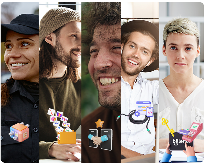 Five smiling team members side by side, each paired with colorful icons symbolizing their unique roles—security, marketing, partnerships, development, and finance.