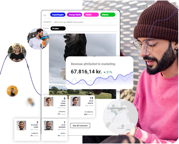 Man analyzing audiences on Billetto with marketing insights, segmented data, and location-based targeting in Copenhagen.