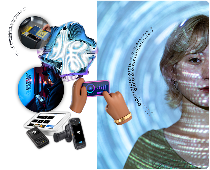 Kvinde halvt oplyst af digitale kodemønstre, omgivet af futuristiske tech-elementer, scannere og datavisualiseringer, der symboliserer smart event-teknologi.