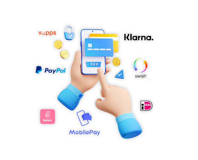 Illustration af mobilbetaling med kreditkort og ikoner for forskellige betalingstyper som Klarna, PayPal, Swish og MobilePay.