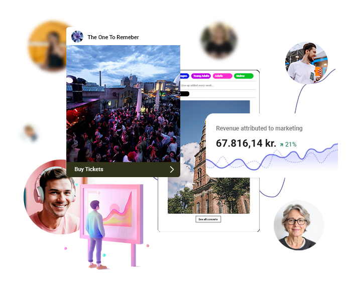 Mennesker, billetsalg og marketingstatistik blandet sammen