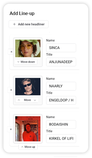 Line-up editor-grænseflade med navne på hovednavne, titler, fotos og træk-og-slip-ordrekontrol.