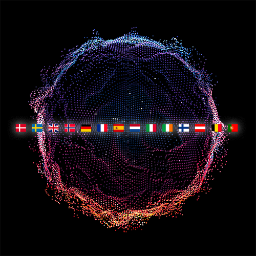 Digital sfære med europæiske flag, der repræsenterer flersproget eller international rækkevidde og støtte til arrangementer.