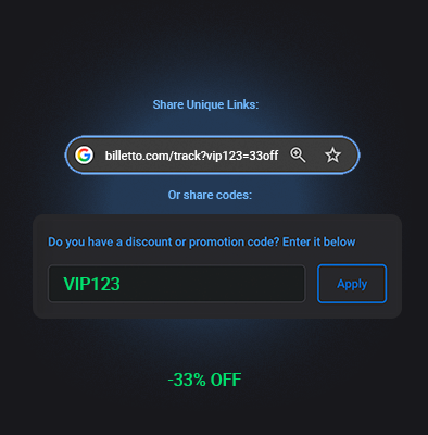 Billetto discount field with promo access code offering 33% off via unique shareable tracking link.