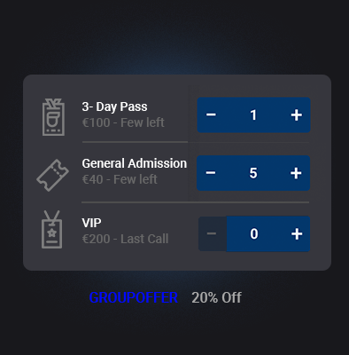 Ticket selection UI showing quantity selectors for 3-Day Pass, General Admission and VIP