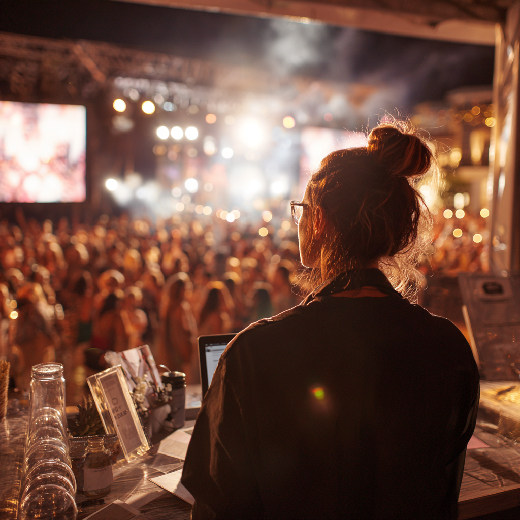 Medarbejder ved festivalens indgang med overblik over en stor menneskemængde, med laptop og check-in-opsætning.