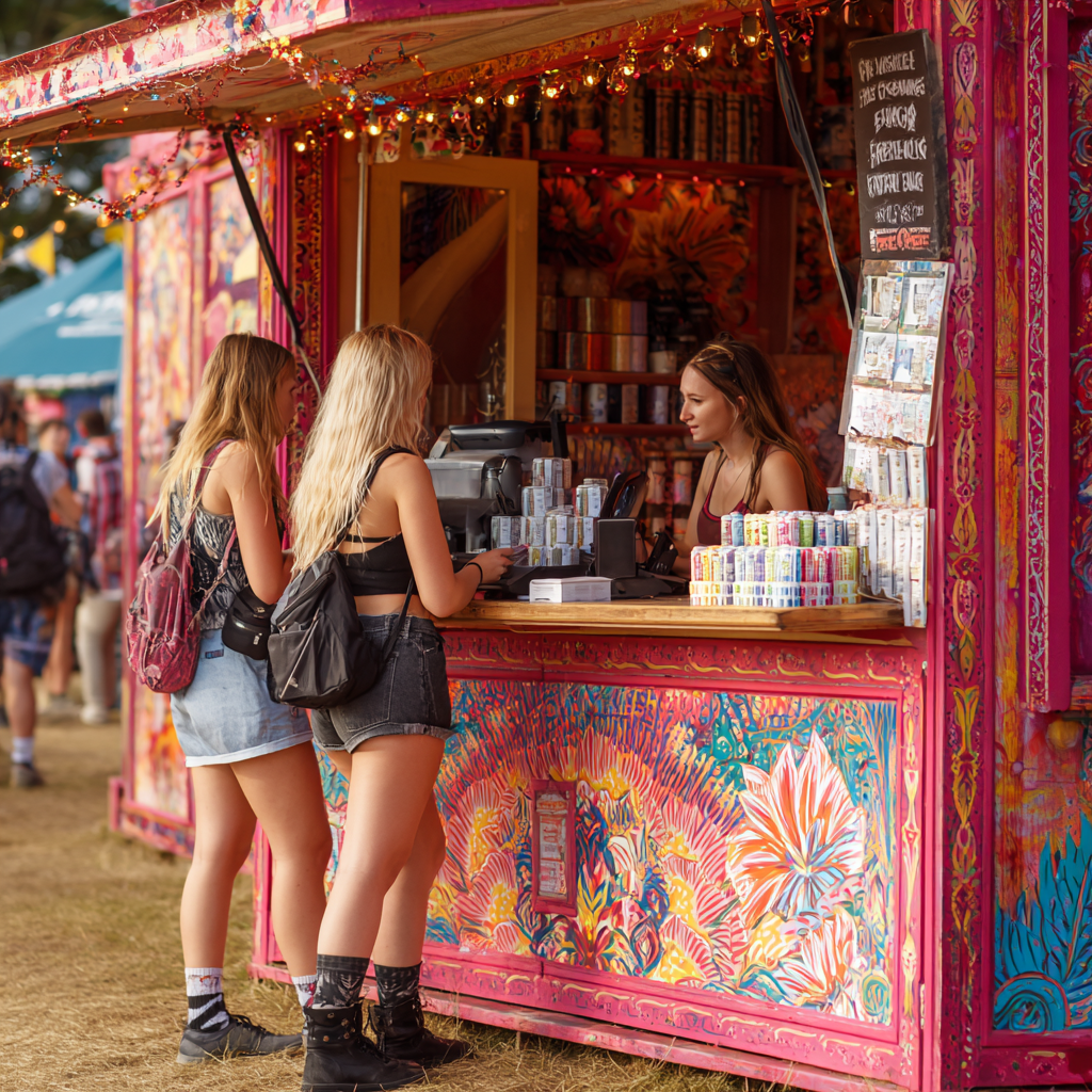 To festivalgæster køber varer ved en farverig, dekoreret bod med en POS-terminal og kasserer.