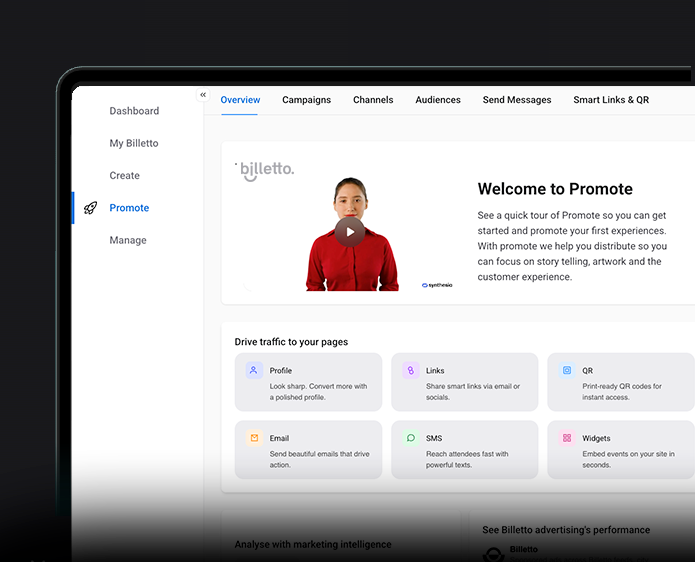 Billettos Promote-dashboard med videointro og værktøjer til at drive trafik via profil, e-mail, links, SMS, QR-koder og widgets.